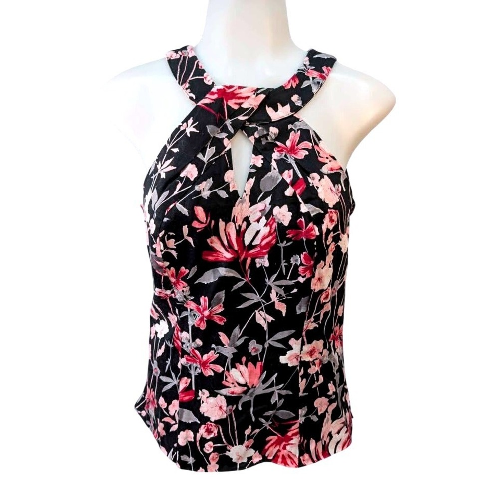 White House Black Market ~ Halter Top ~ Size 4 ~Black/Pink Floral Keyhole Blouse